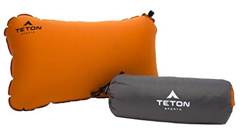 TETON Sports ComfortLite Self-Inflating Pillow; Support Your Neck and Travel Comfortably; Take it on the Airplane, in the Car, Backpacking, and Camping; Washable; Stuff Sack Included, Orange, 18 x 10 x 4-Inch