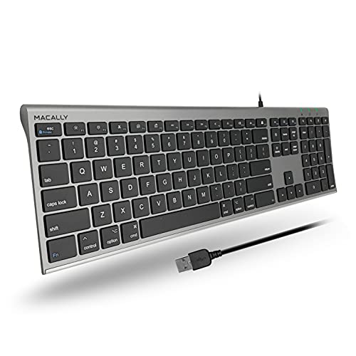 Macally Ultra Slim USB Wired Computer Keyboard - Works as a Windows or Mac Wired Keyboard - Full Size Keyboard with Numeric Keypad & 20 Shortcut Keys - Plug and Play Mac Keyboard - Space Gray