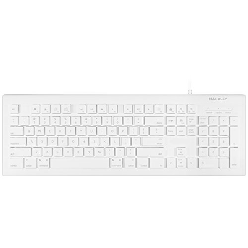 Macally Full Size USB Wired Keyboard for Mac and PC - Plug & Play Wired Computer Keyboard - Compatible Apple Keyboard with 15 Shortcut Keys for Easy Controls & Navigation - White