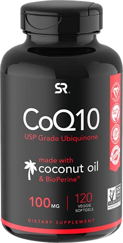 CoQ10 100mg Enhanced with Coconut Oil & Bioperine (Black Pepper) for Better Absorption | Vegan Certified and Non-GMO Verified (120 Veggie Softgels)