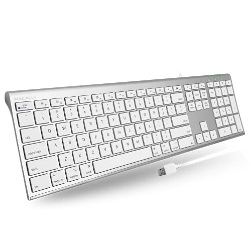 Macally Ultra Slim USB Wired Computer Keyboard - Works as Windows or Mac Wired Keyboard - Full Size Keyboard with 20 Apple Shortcut Keys - Mac Keyboard with Number Pad - Silver Aluminum Finish