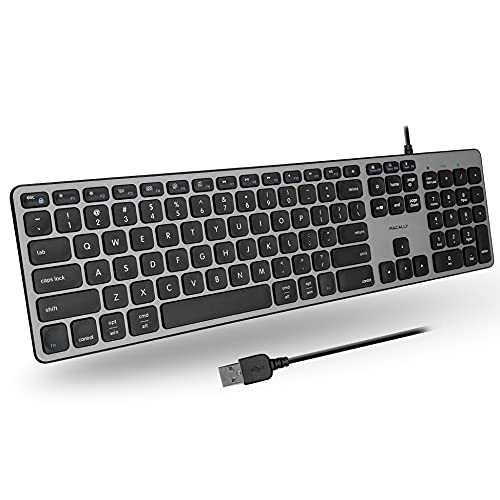 Macally USB Wired Keyboard for Mac and Windows - Auto Detect for All OS - Slim Computer Keyboard Wired with 107 Quiet Keys and 16 Shortcut Keys - PC, Chrome, and Mac Compatible Keyboard - Space Gray