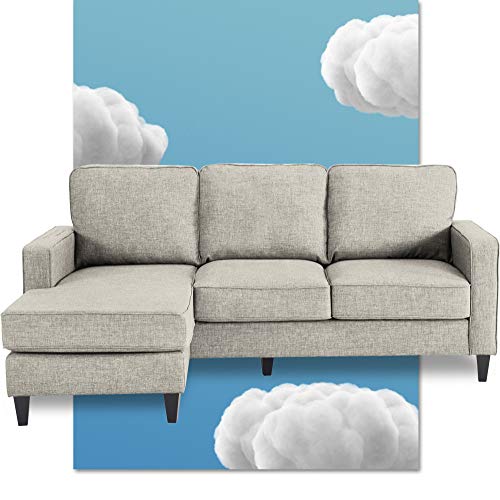 Serta Harmon Square Arm Reversible Sectional Sofa Living Room, Modern L-Shaped 3 Seat Fabric Couch, Light Gray