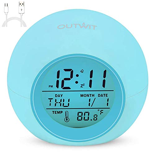 Outwit Alarm Clock, The 2021 Newest Kids Alarm Clock with Rechargeable Lithium Battery, 7 Color Changing Night Light, Snooze Touch Control Temperature for Children’ Bedroom, Xmas Gifts for Girls Boys