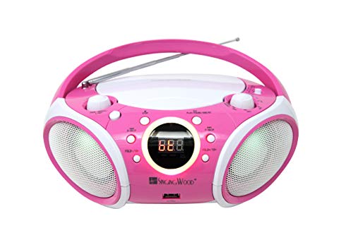 SINGING WOOD, CD Player Boombox CD/CD-R/CD-RW, Portable w/Bluetooth, USB, AM/FM Radio, AUX-Input, Headset Jack, Foldable Carrying Handle and LED Light (Kitty Pink)
