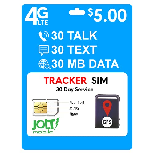 Jolt Mobile $5 GSM Sim Card Nationwide AT&T 4G LTE for GPS Tracking Pet Senior Kid Child Car Smart Watch Devices Locators 30-Day Wireless Service - Triple Cut SIM