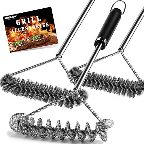 Grilljoy 4PC 3-Sided Grill Brush Set with Bag - 17.5'' Wire Grill Cleaning Brush with Safe Bristle Free BBQ Brush Head for Interchange - Exclusive Grill Brush for Gas Grill Weber Traeger - Ideal