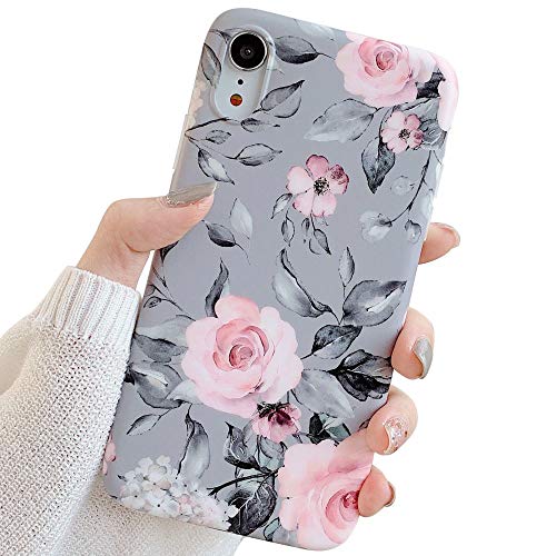 YeLoveHaw iPhone XR Case for Girls, Flexible Soft Slim Fit Full-Around Protective Cute Shell Phone Case Cover with Purple Floral and Gray Leaves Pattern for iPhone XR 6.1 Inch (Pink Flowers)